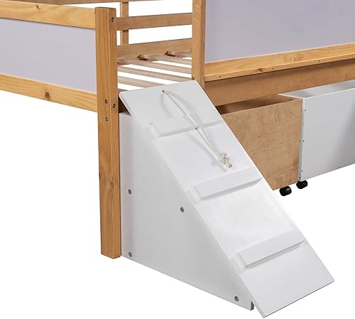Miniatura 7 de TMEOSK Cama alta individual baja con 2 cajas de almacenamiento y tobogán cama loft de madera multifuncional con pizarra y escalera de escalada para