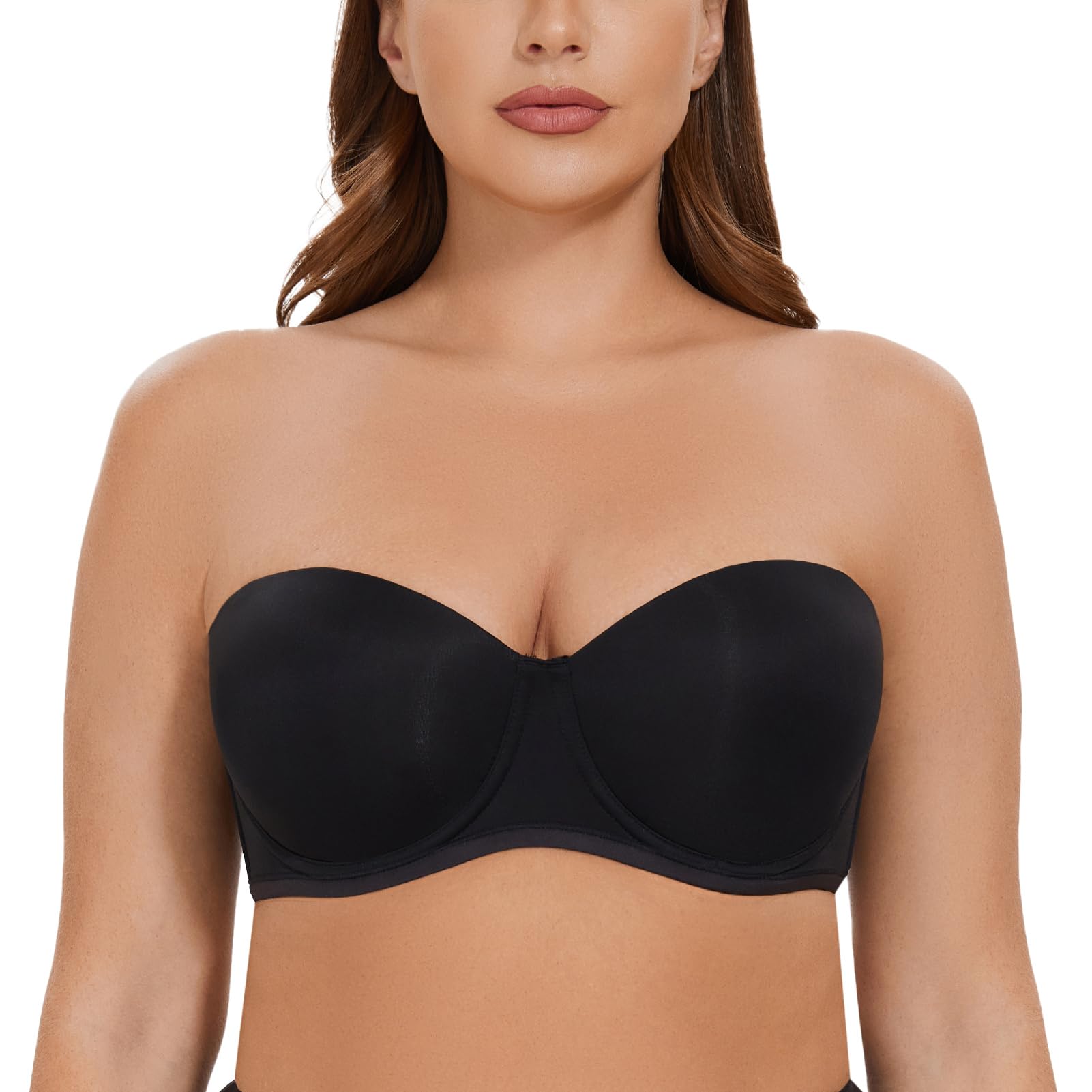 Casolace Women's Black Back Smoothing Plus Size Underwire Bandeau Strapless Bra 32F