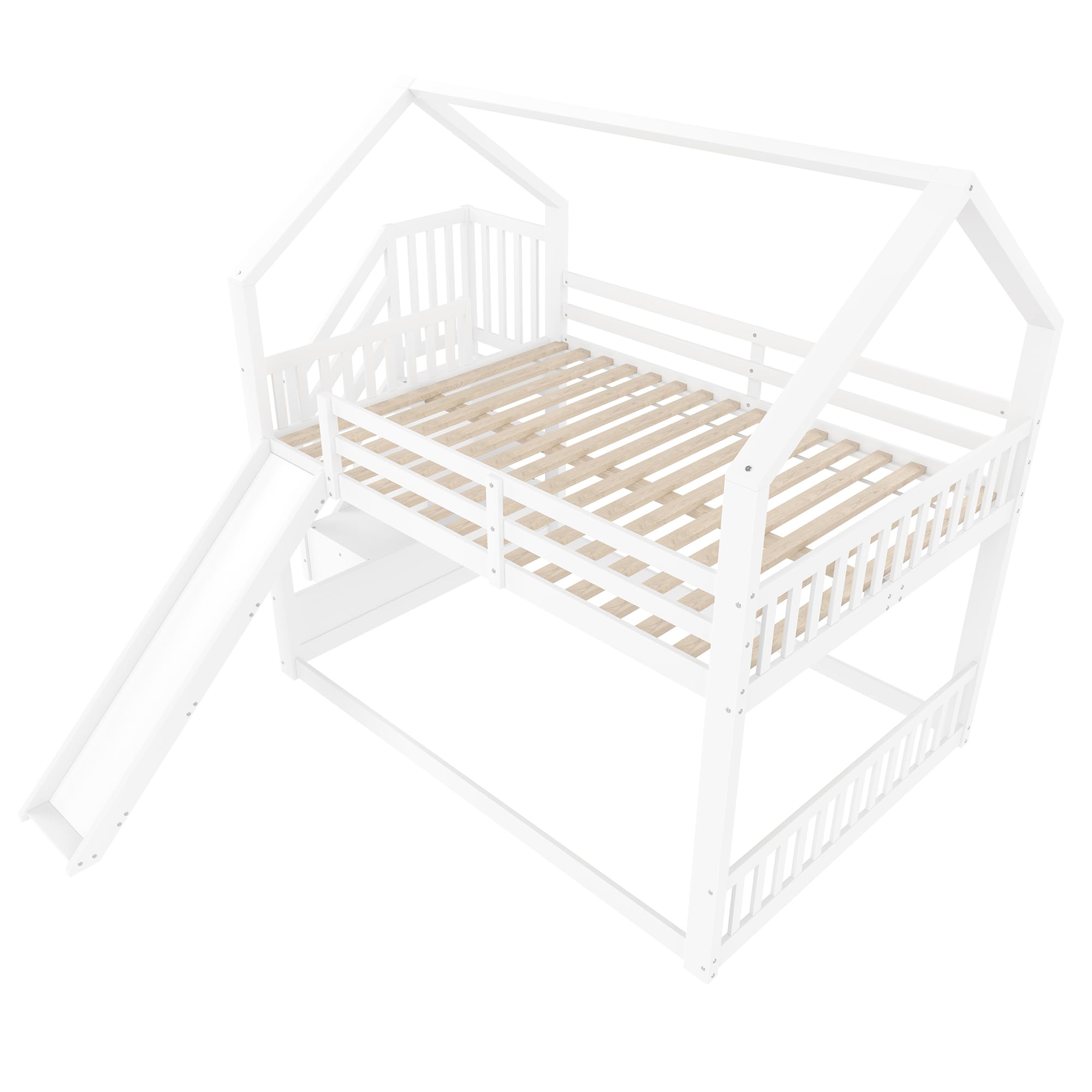Azkoeesy Letto a Castello con Scivolo e Scaletta 140x200 cm, Design a Forma di Casetta, con Mensole, Sponda e Doghe, Legno di Pino Bianco, Ideale per Bambini e Ragazzi