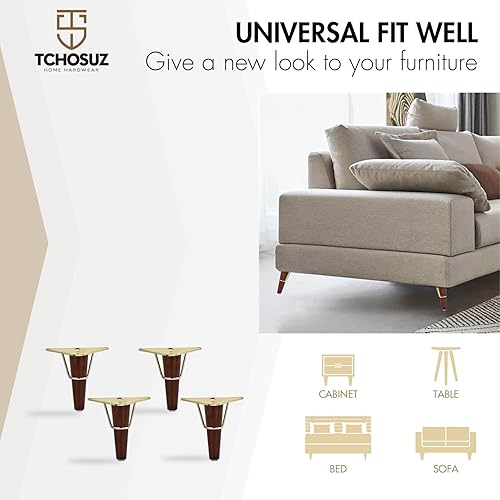 Miniatura 5 de Juego de 4 patas de madera maciza para muebles de 7 pulgadas  7.1 in, de madera maciza de mediados de siglo, con forma de triángulo de metal, patas