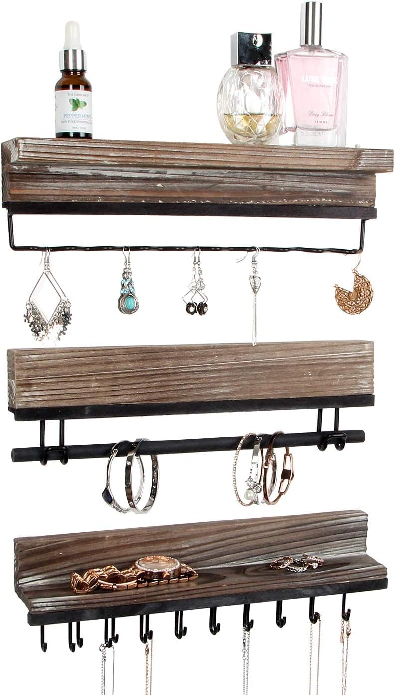 J JACKCUBE DESIGN Rustic Wood 3Piece Wall Mounted Jewelry Organizer