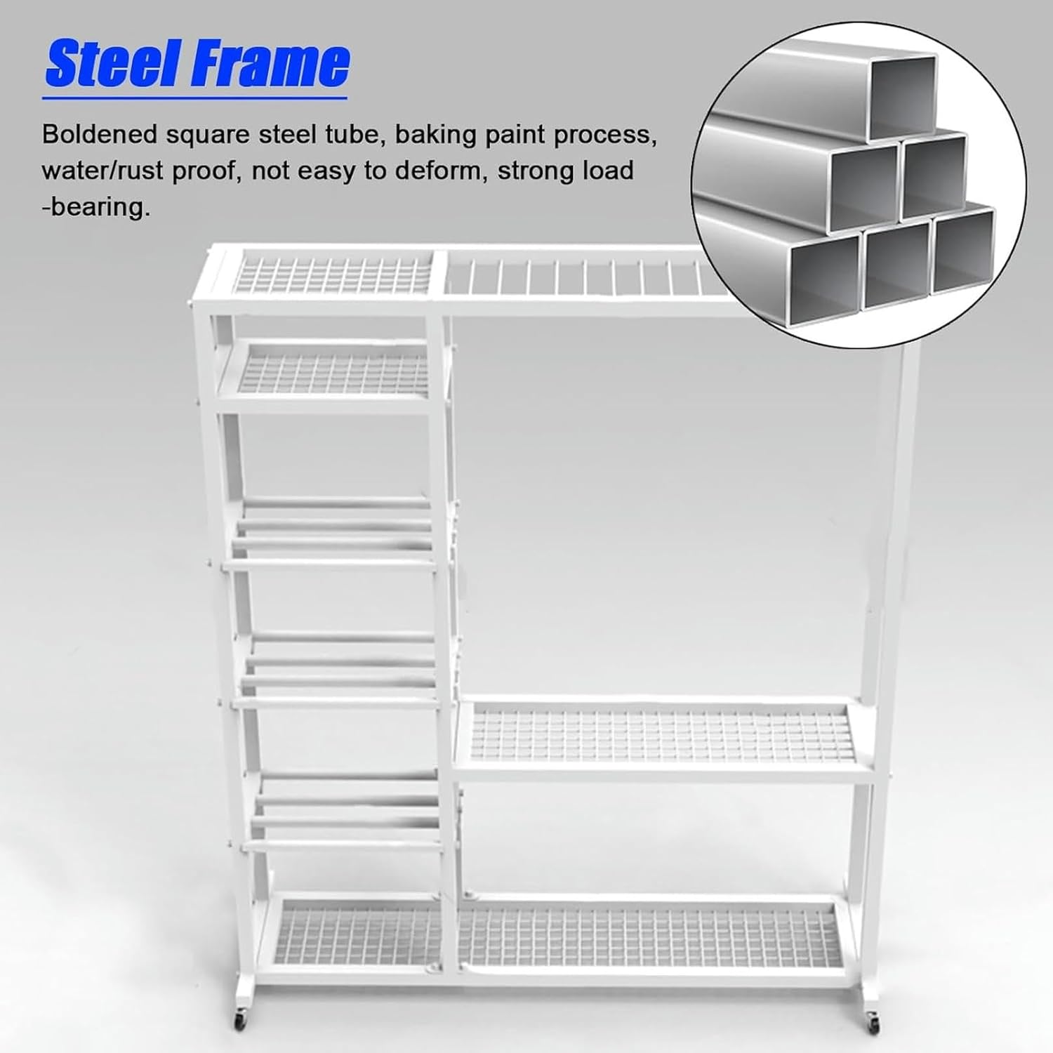 Tennis Racquet Storage Rack White Metal, Portable Rolling Badminton Racket Display Cart, Comemrcial Table Tennis Racket Organizer Holder, Can Hold 16pcs Rackets