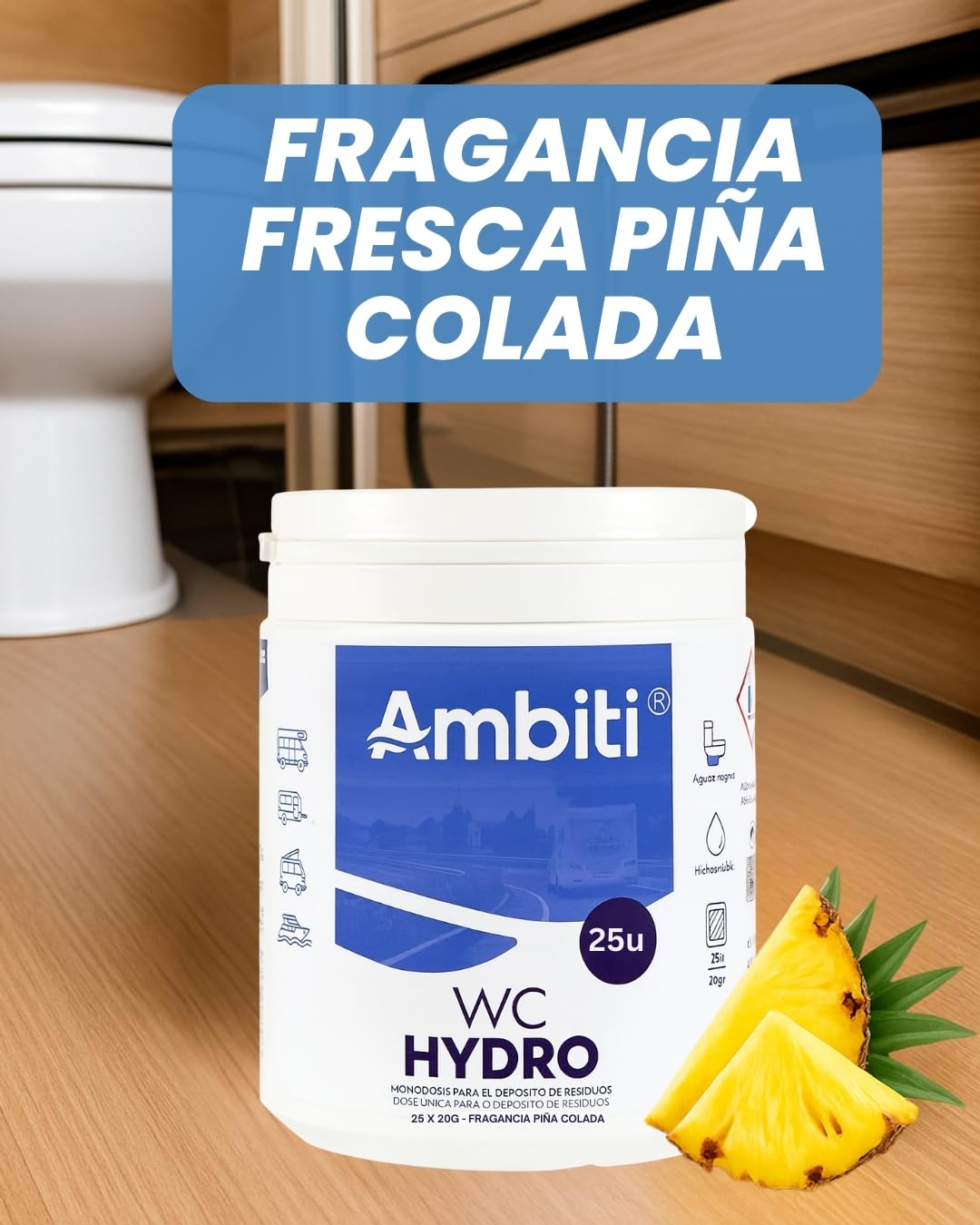 Ambiti | Monodosis Hidrosolubles para Depósito de Residuos de Autocaravanas,Caravanas y Campers| Antibacteriano| Elimina Deshechos Orgánicos y Papel Higiénico| Fragancia Piña Colada (15)