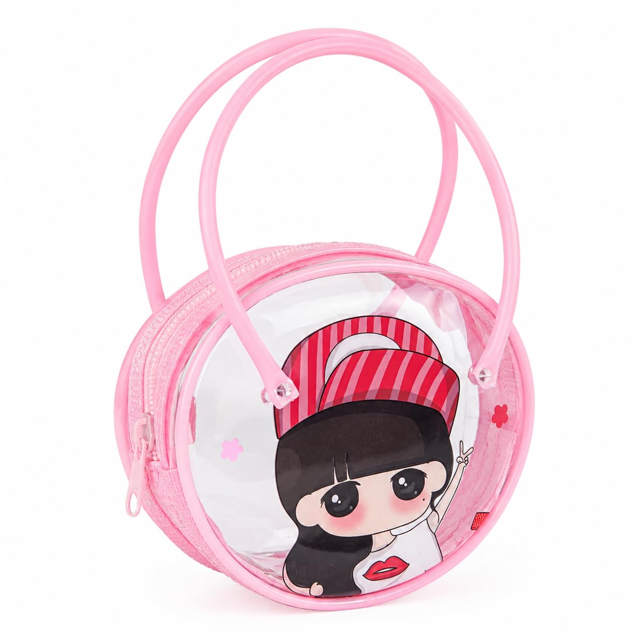 Pink Transparent Round Handbag for Kids | Clear Mini Tote Bag with Cartoon Print for Girls-image-17