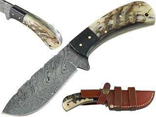 Knives Ranch Handmade Damascus Steel Full Tang 8-1/2" Skinning Knife - Sheep Horn Handle - Heavy Duty Leather Sheath(2038-RH) - Knives Ranch