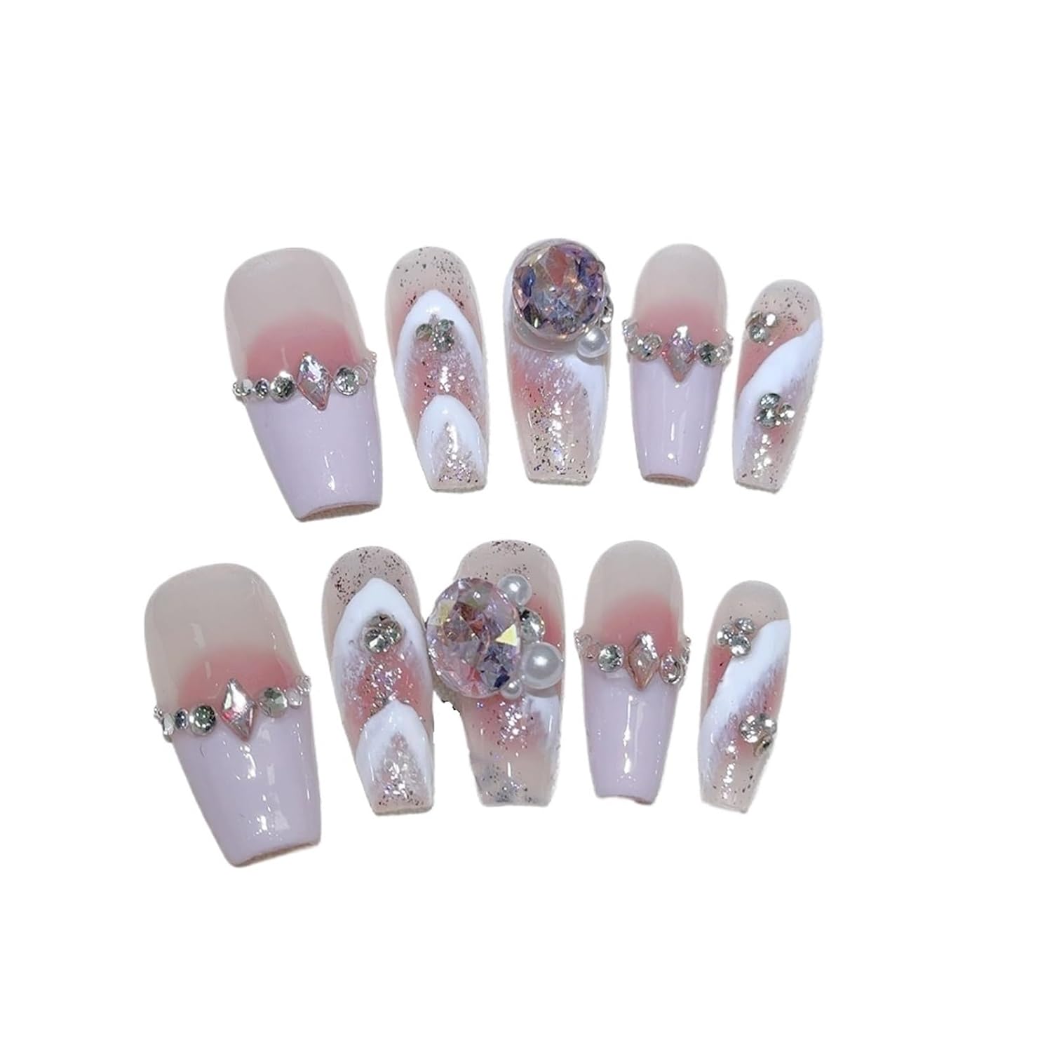 Handmade Press On Nails Shiny Star Moon Decor False Nails Wearable Full Cover Pink Cat Eye Fake Nail Tips(Style B)