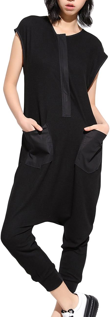 ellazhu Women Black Harem Pants Rompers Sleeveless Drop Crotch Harem Jumpsuits Summer GY867