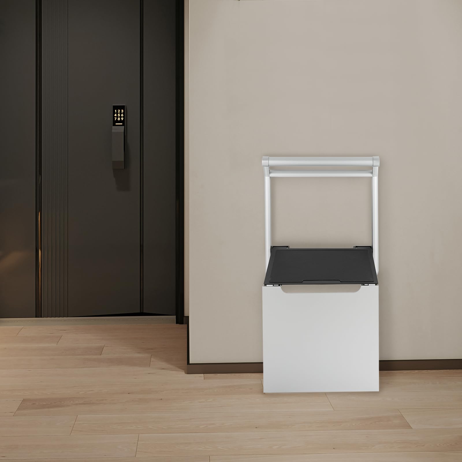 Silla de ducha plegable con reposabrazos, almohadillas antideslizantes – Plata para baño, lavandería y entrada