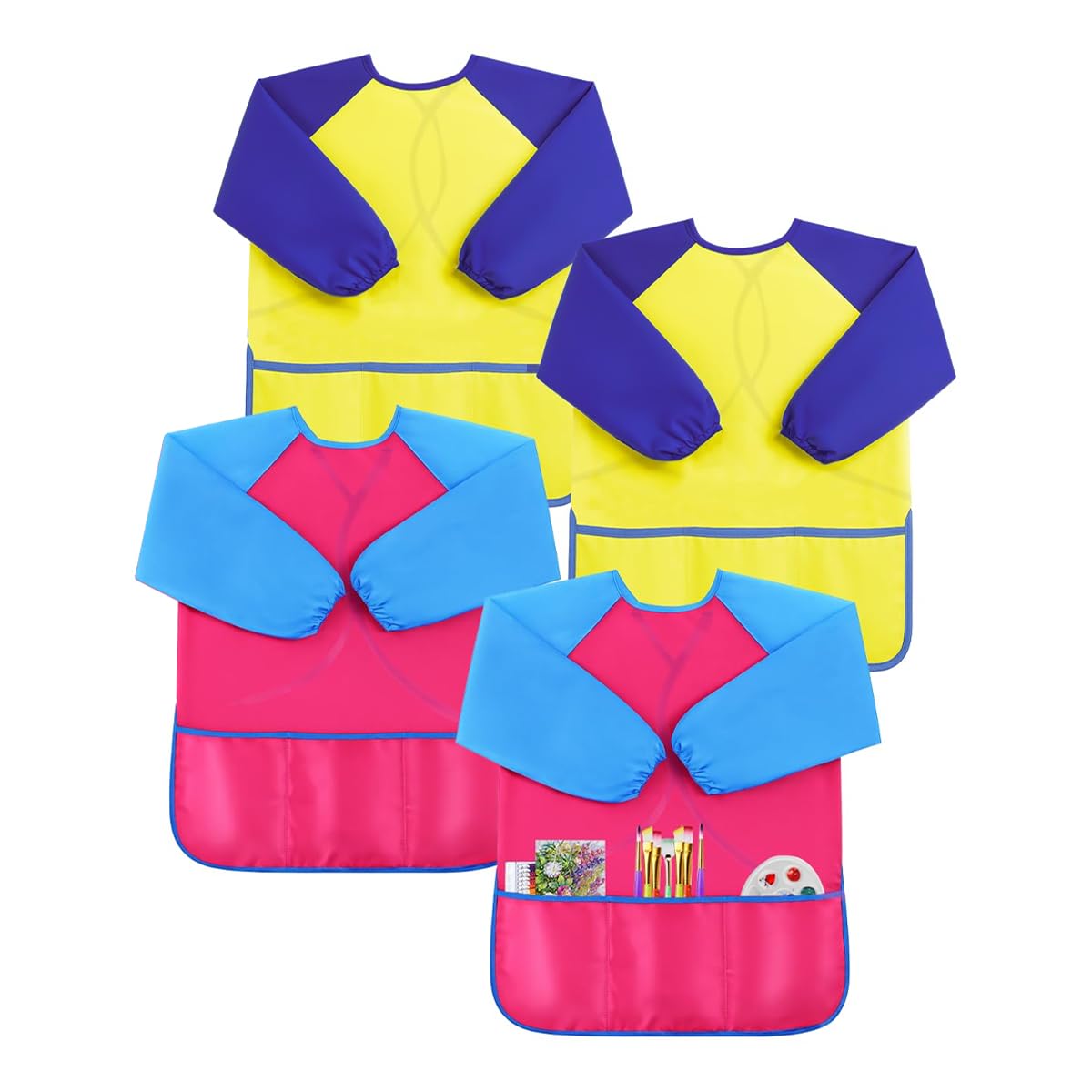 Voyoo 4 Pack Aprons for Baking,Artist Costume, For Age 3-4 Years Boys And Girls, Aprons for Cooking Painting Baking (Yellow+Pink)