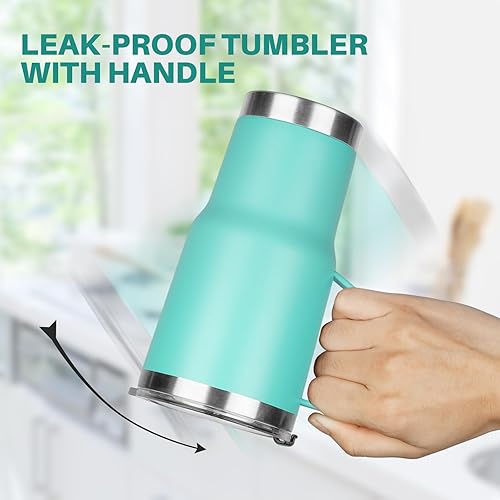 Miniatura 5 de GUDEMAO Vaso de 20 onzas con asa, vasos aislados de acero inoxidable con tapa y popote, vaso aislado al vacío de doble pared, a prueba de fugas,