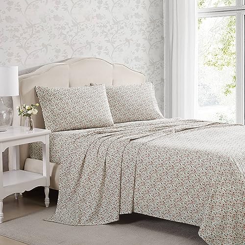 Image of Laura Ashley - Queen Size Sheet Set, Crisp Cotton Percale Bedding with Matching Pillowcases, Fully Elastic Fitted Sheet, Deep Pocket, Floral Room Decor, Breathable All-Season Comfort (Emogene Orange)