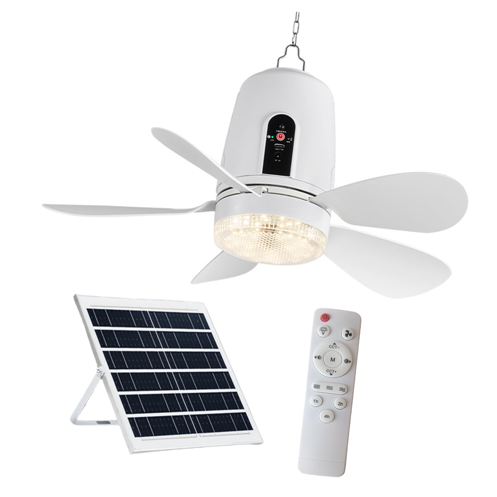 Solars - Ventilatore da soffitto con luce LED con pannello solare e telecomandi, ventilatore portatile da 41,5 cm, da campeggio, con pannello