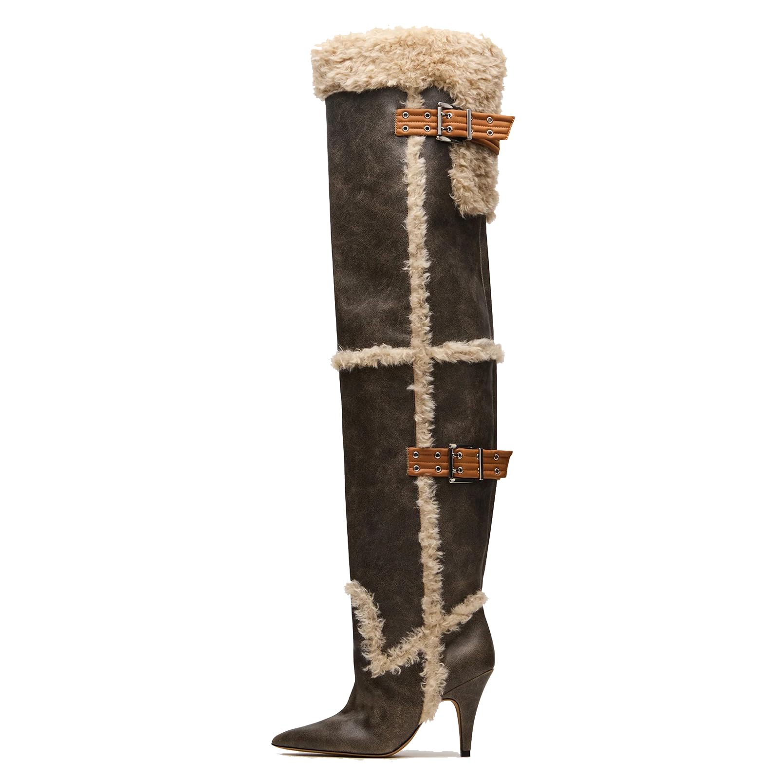 Thigh High Boots Pointed Toe Fur Heel Boots with Buckle Pull On Over the Knee Boot Warm Fall