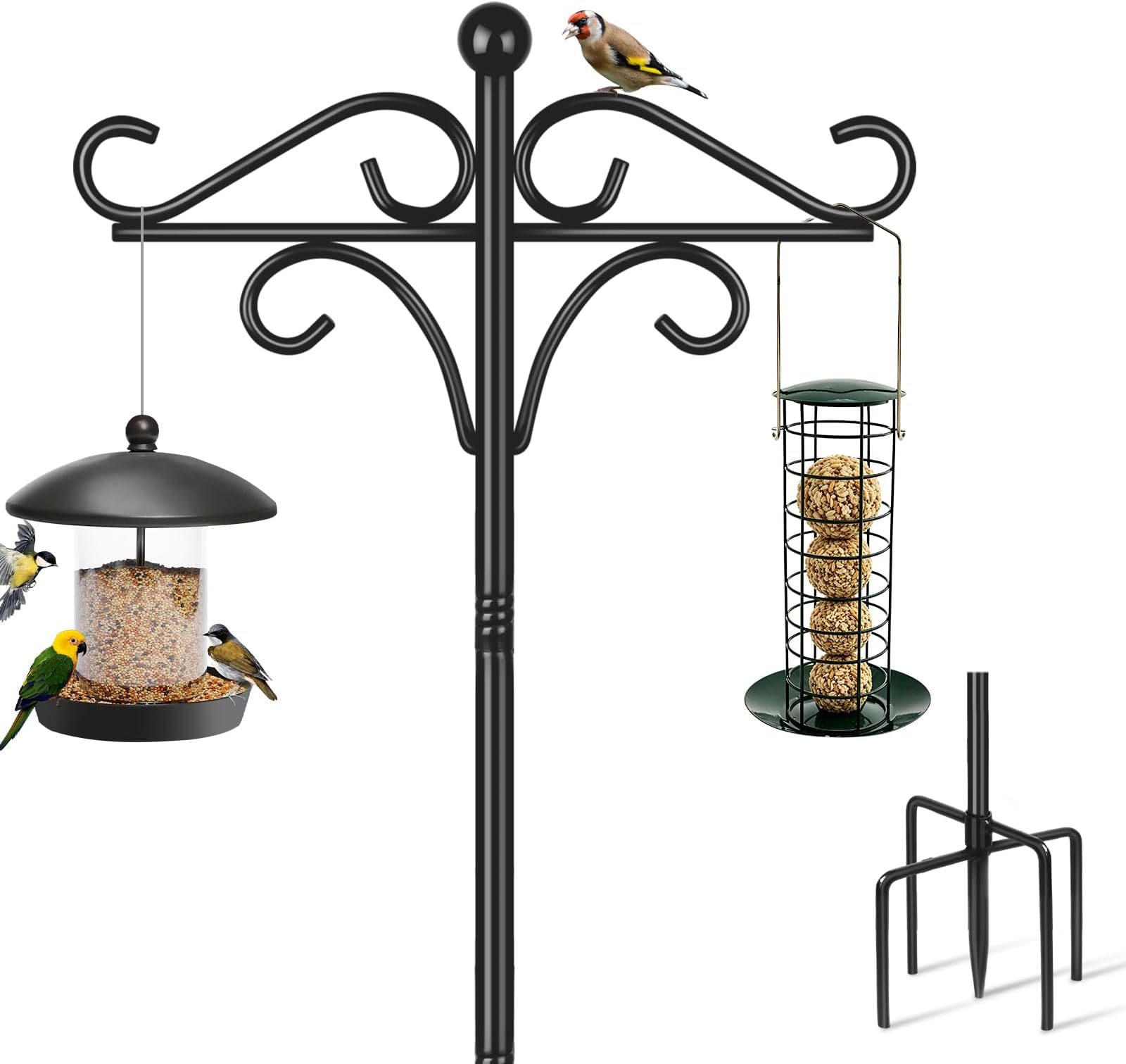 Bird Feeder Pole Stand, 195cm Approx.2m Adjustable Feeding Station Hanging with 2 Hook, Heavy Duty Freestanding Double Shepherd Crook for Outdoor Garden Light Lantern Plant Metal Hanger, Black