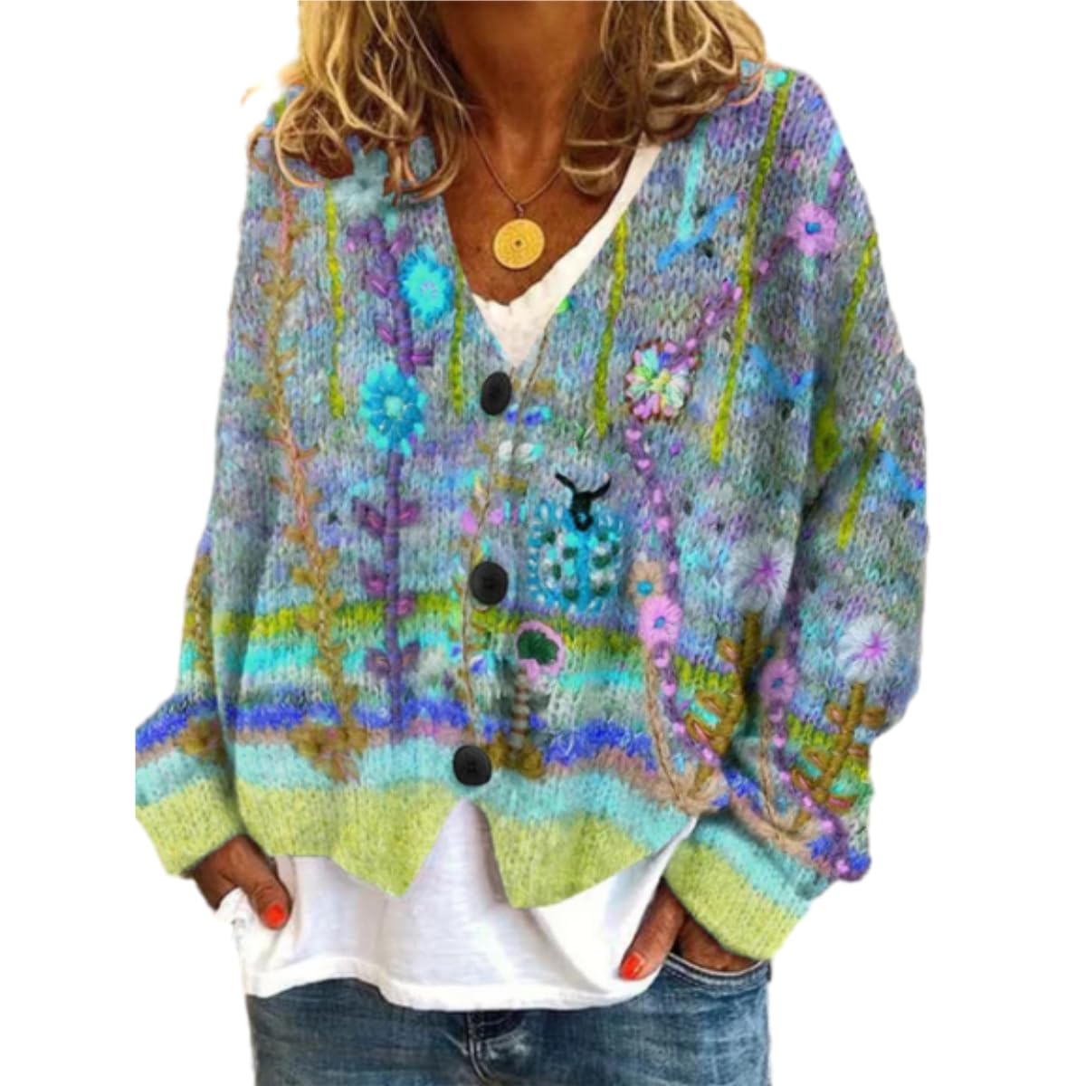 Womens Bohemian Patchwork Cardigan V Neck Button Down Knit Sweater Long Sleeve Colorful Casual Knitwear