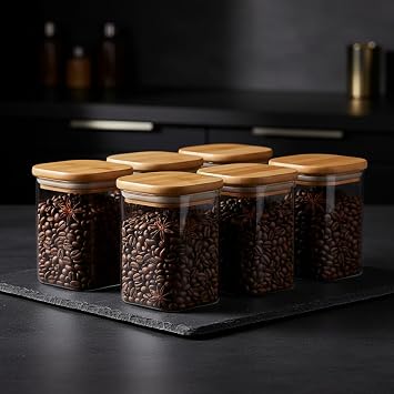 Deconox 6’lı Bambu Vakum Kapaklı Cam Baharatlık Seti, Hava Almaz Silikon Contalı Lüks Erzak Saklama Kabı, Modern Mutfak Düzenleyici Kavanoz 250ml-300ml-400ml Seçenekli (250ML-6,5CM-9CM 6 ADET)