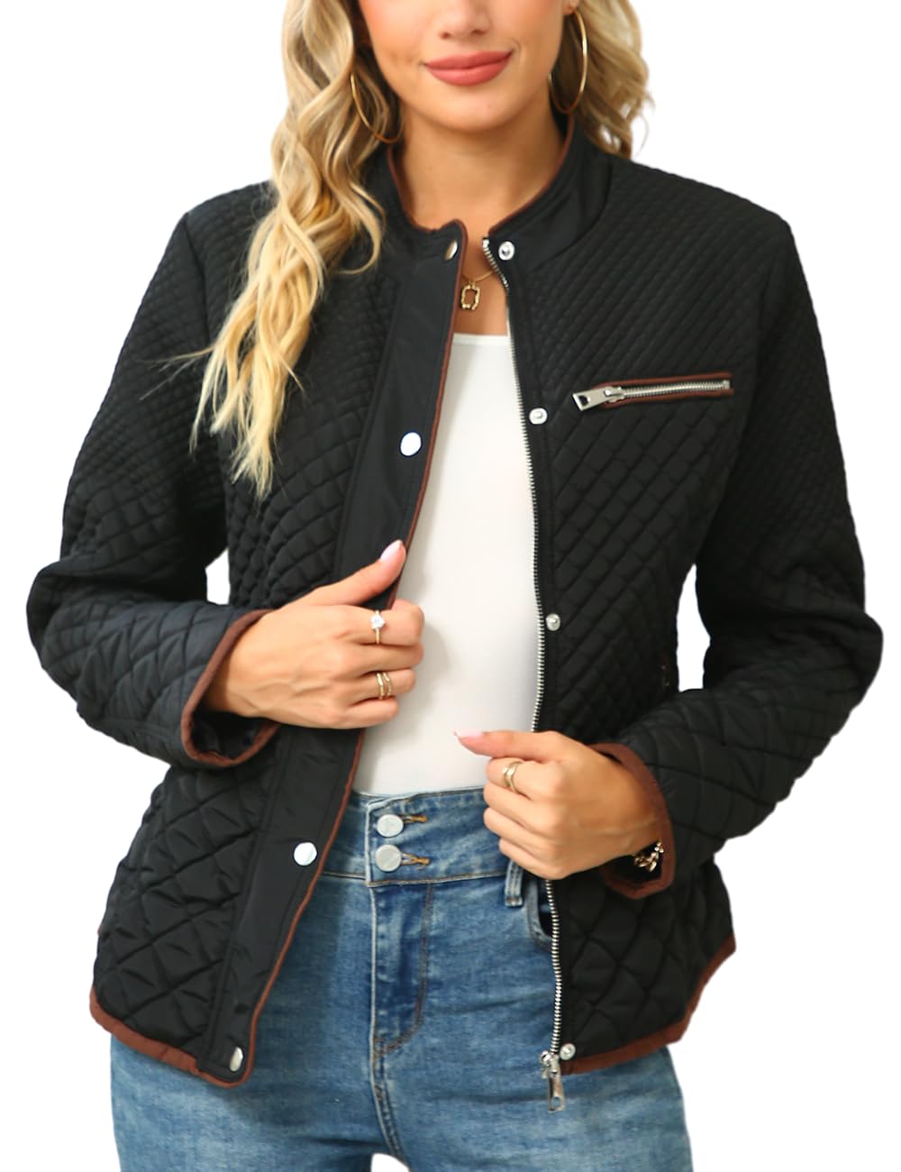 Bellivera Women's Stand Collar Lightweight Quilted Puffer Jacket Padded Zip Coat for Spring and Winter