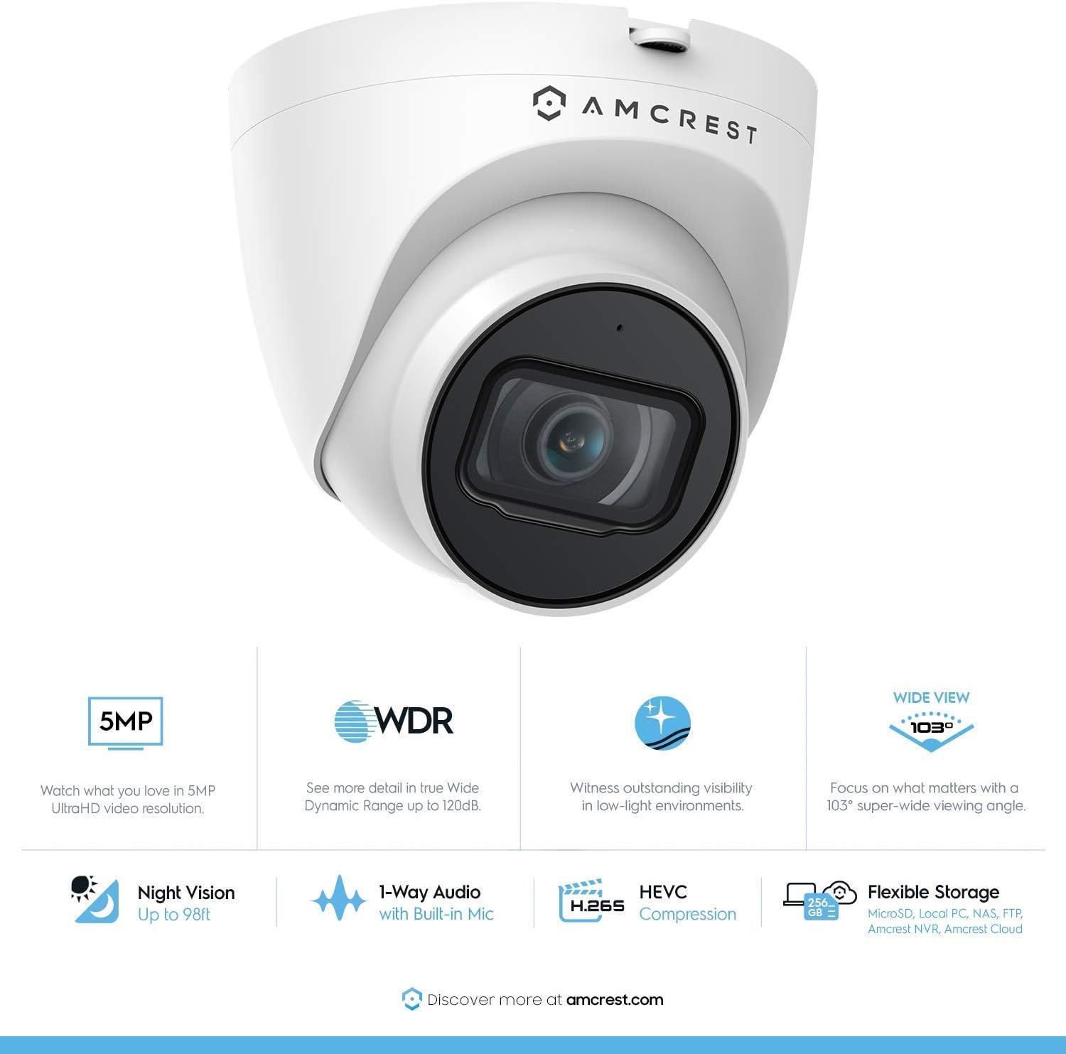 Amcrest 5MP Security Camera System, 4K 8CH PoE NVR, (4) x 5-Megapixel 2.8mm Wide Lens Weatherproof Metal Turret PoE IP Cameras, Built in Mic, Hard Drive Not Included, NV4108E-T1179EW4 (White)