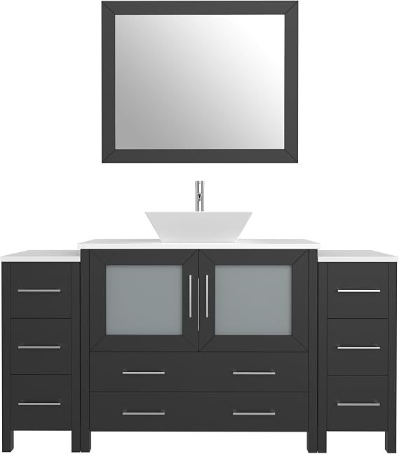 HomeBeyond 60 Bathroom Vanity Cabinet Vessel Single Sink Combo Set with 1 Mirror,Engineered Marble Top Compact Set with 8 Dovetail Drawers and Soft Closing Doors,Black