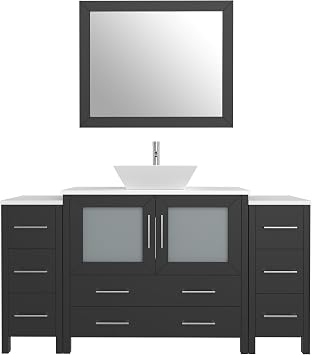 HomeBeyond 60 Bathroom Vanity Cabinet Vessel Single Sink Combo Set with 1 Mirror,Engineered Marble Top Compact Set with 8 Dovetail Drawers and Soft Closing Doors,Black