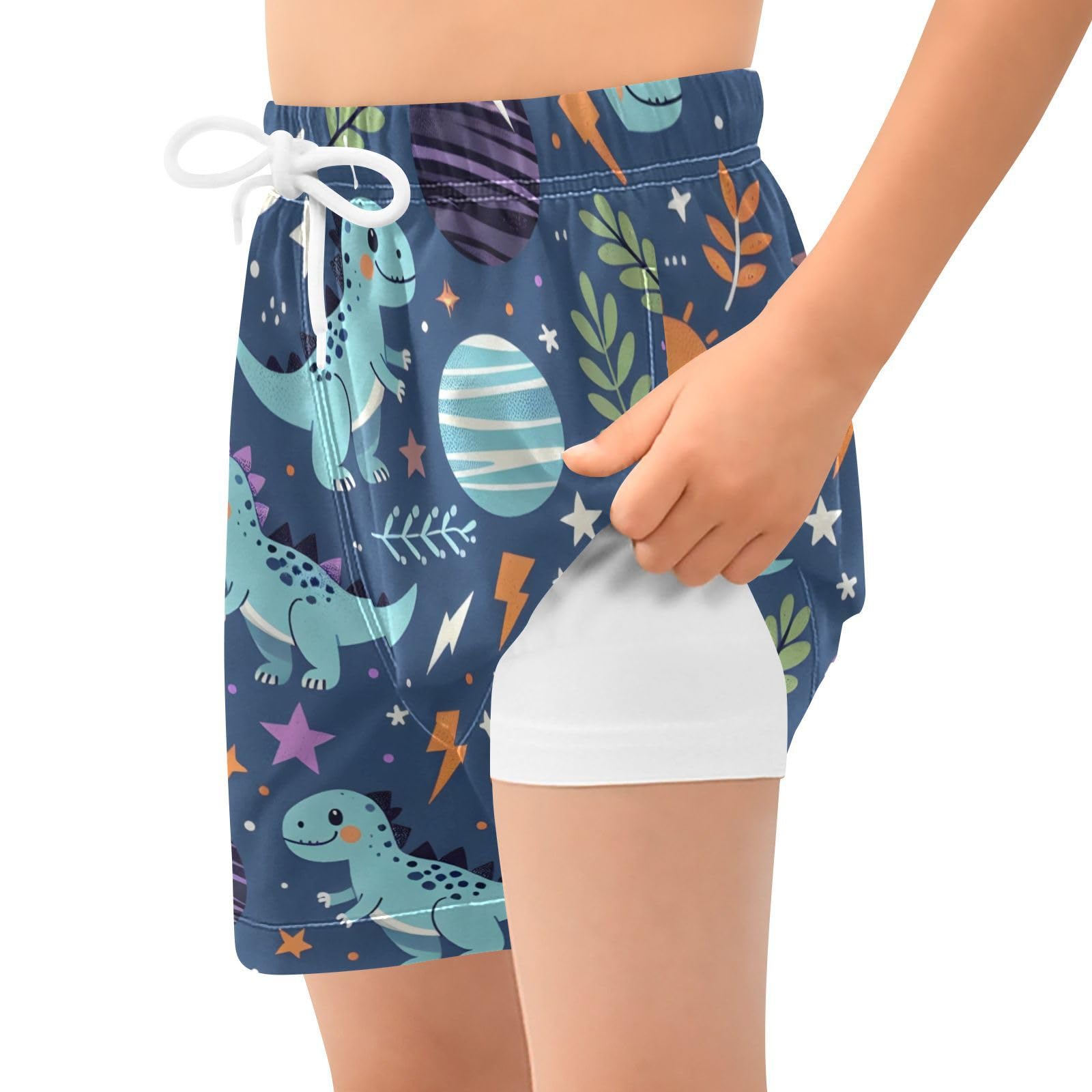 YANENDIE Boy Swim Trunks with Compression Liner Cute Dinosaur Pattern Boys Swim Shorts Quick Dry Beach Shorts