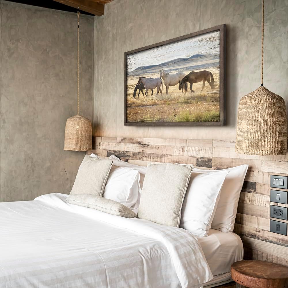 Framed Wooden Horse Painting: Large Horses Wall Pictures Wild Animal Wall Art hand painted Horse Artwork Bedroom Living Room(45x30) - Image 4