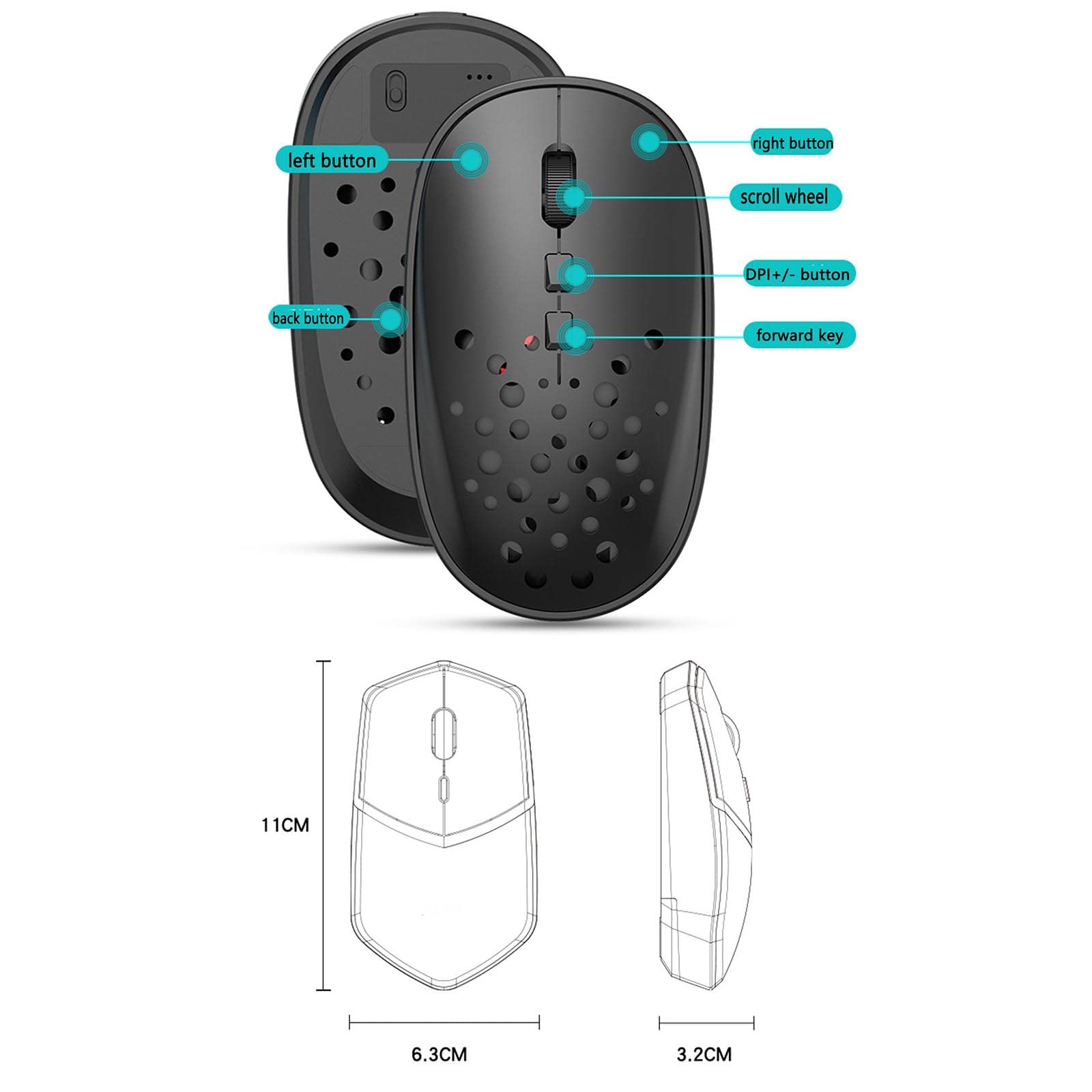 Mysz Bezprzewodowa mysz komputerowa do laptopa USB do gier Bluetooth ergonomiczna mysz urządzenie wskazujące wyświetlacz mocy akumulatorowy wyświetlacz mocy 3 biegi regulowana DPI 2,4 GHz(Schwarz)