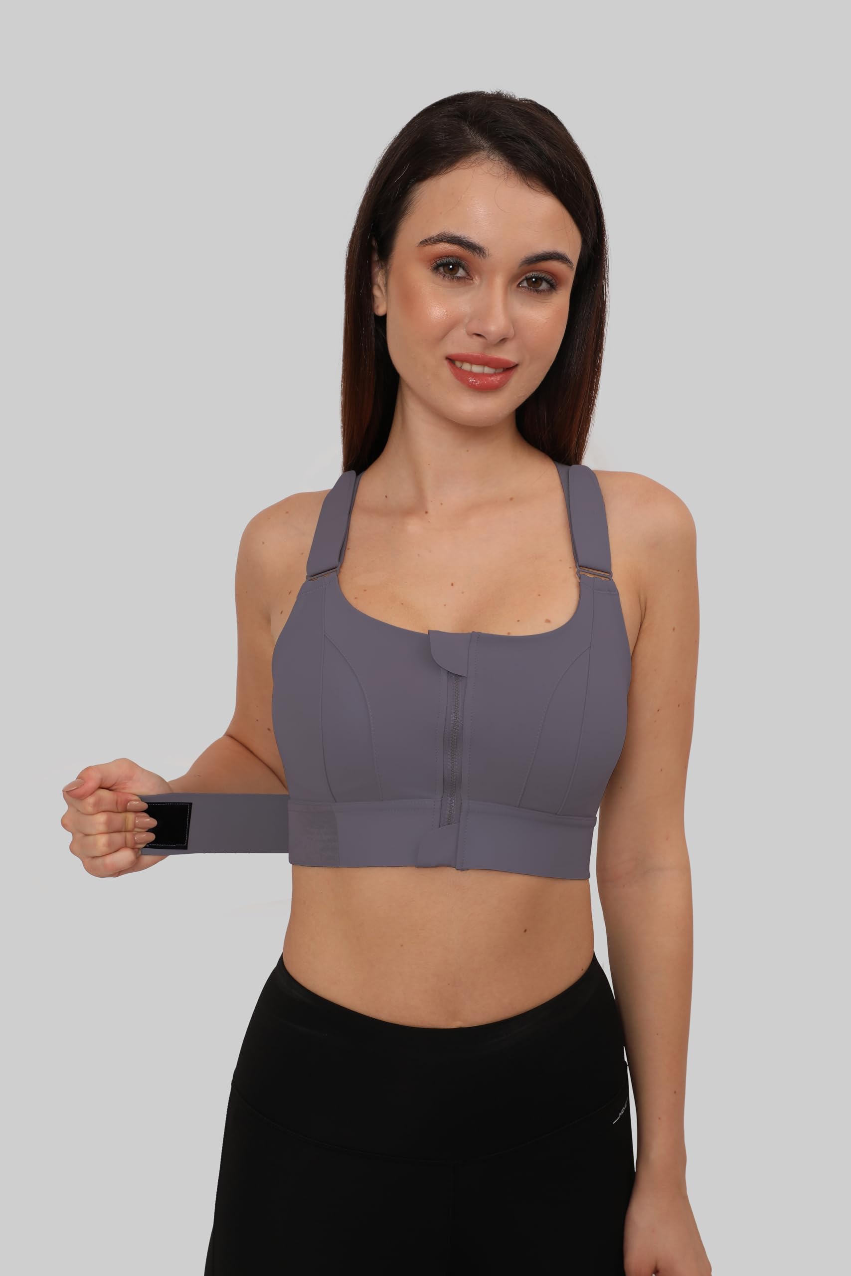 GLAMORAS Women Polyester Spandex Padded Wirefree High Impact Work Out Bra with Support Front Zipper Gym Padded Bras with Adjustable Straps Criss Cross Back Gym Yoga Workout Running, Size: 2XL Purple - Image 6 thumbnail