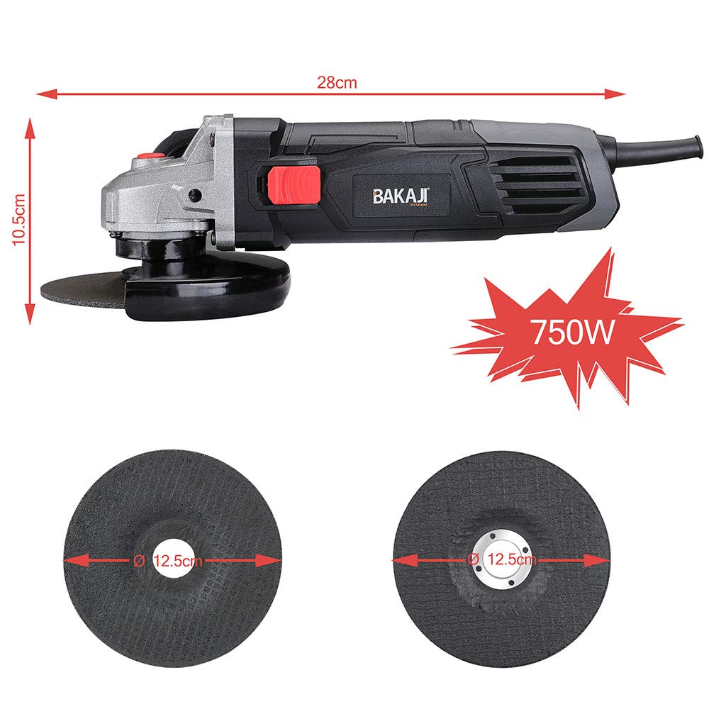 Bakaji Szlifierka kątowa Moc 750 W Prędkość 12000 obr/min 125 mm Flex Trzepaczka z uchwytem antywibracyjnym i 6 tarczami 3 cięcia i 3 szlifowanie i szlifowanie kompaktowa lekka konstrukcja