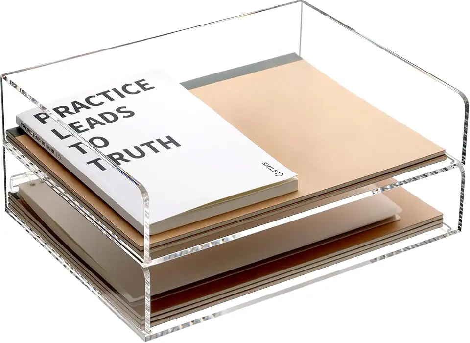5mm Acrylic Paper Tray Organizer for Desk – Clear Desk Organizer & Accessories, Stackable File Storage for Office, Classroom & Home (L12.4 x W8.8 x H2.6 in, 2 Pack)