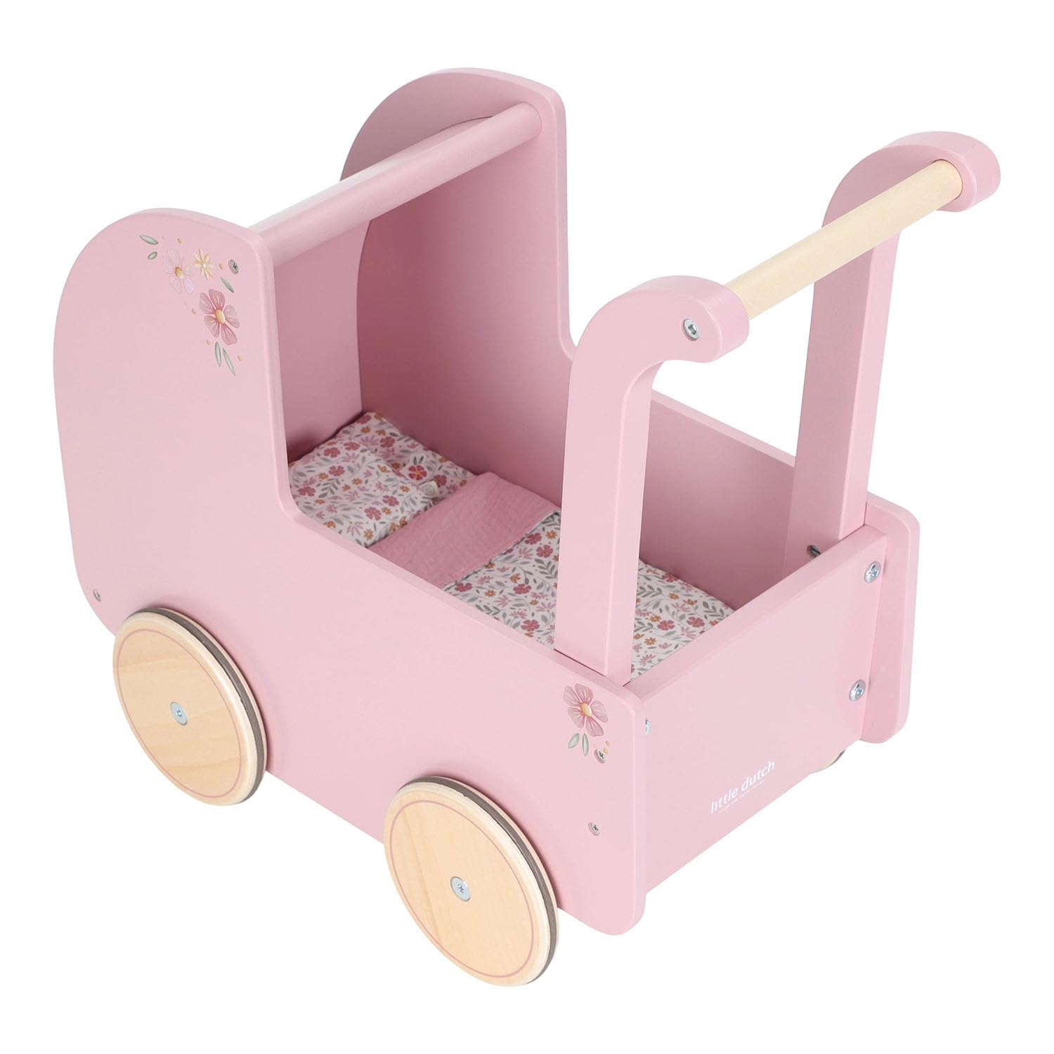 Little Dutch Cochecito para muñecas de madera, incluye ropa de cama, ruedas de goma, flores blandas, color rosa