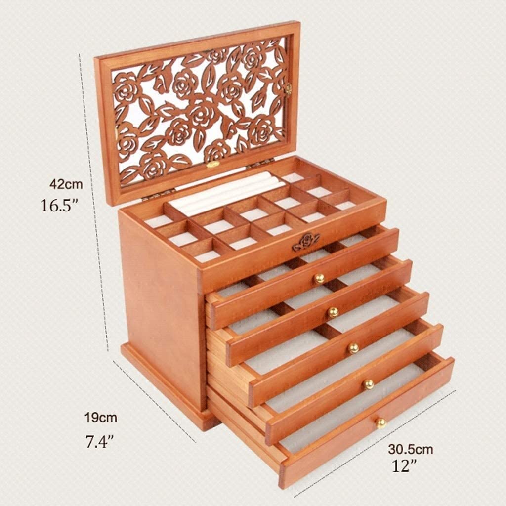 TFIANYNI 5 lagen sieradenopslag houten juwelendoos 30 x 20 x 25 cm, modieuze gesneden bloem, vintage sieradenkistje voor sieraden organizers, cadeau (kersenhout