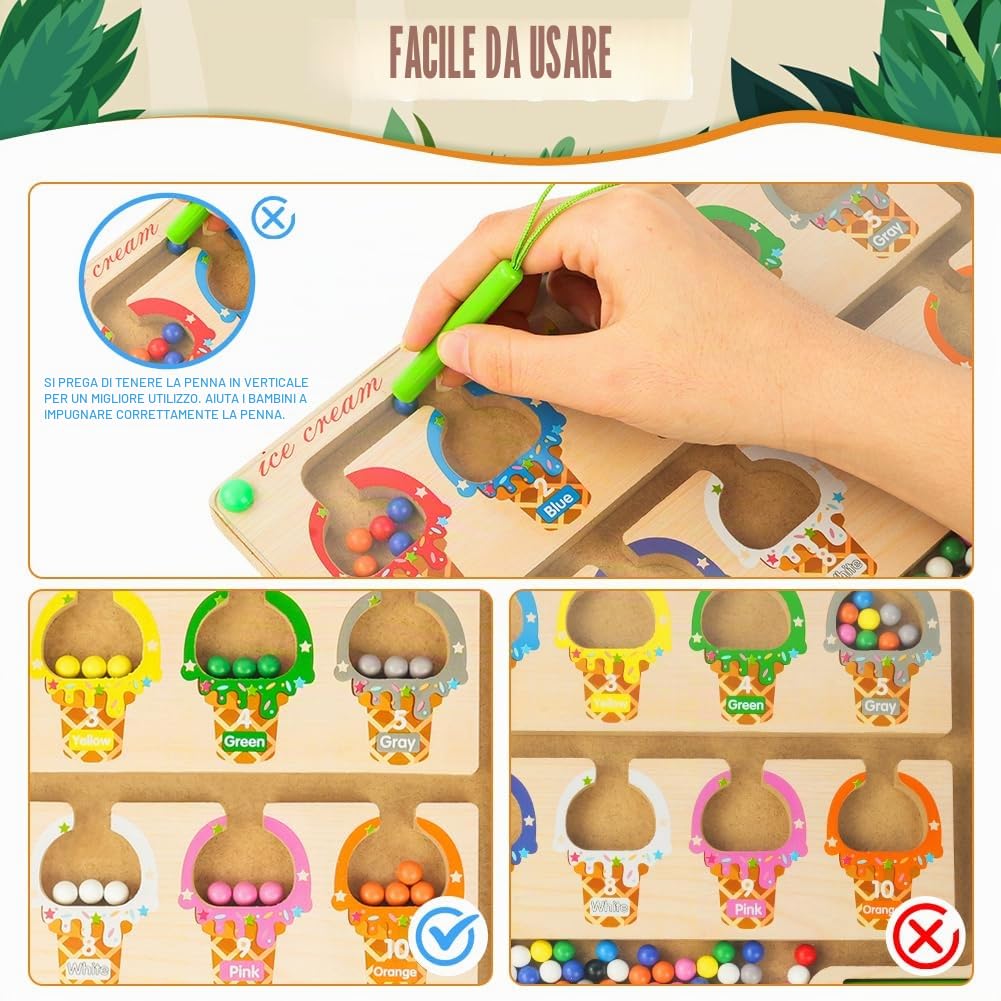 Ainiv Labirinto Magnetico Bambini, Magneti per Lavagna Magnetica in Legno, Numeri Colore Giocattoli Montessori per Bambini, Educativi Giocattoli Regalo per Ragazzi Ragazze 3 4 5 6 7 Anni (Gelato)