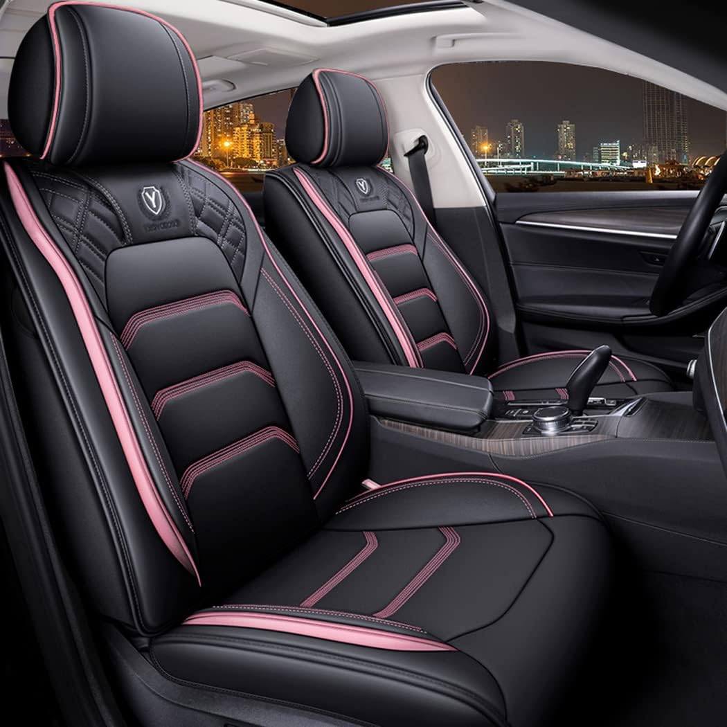 Comfortable Leather Auto Car Seat Covers 5 Seats Full Set Universal Fit (Black & Pink