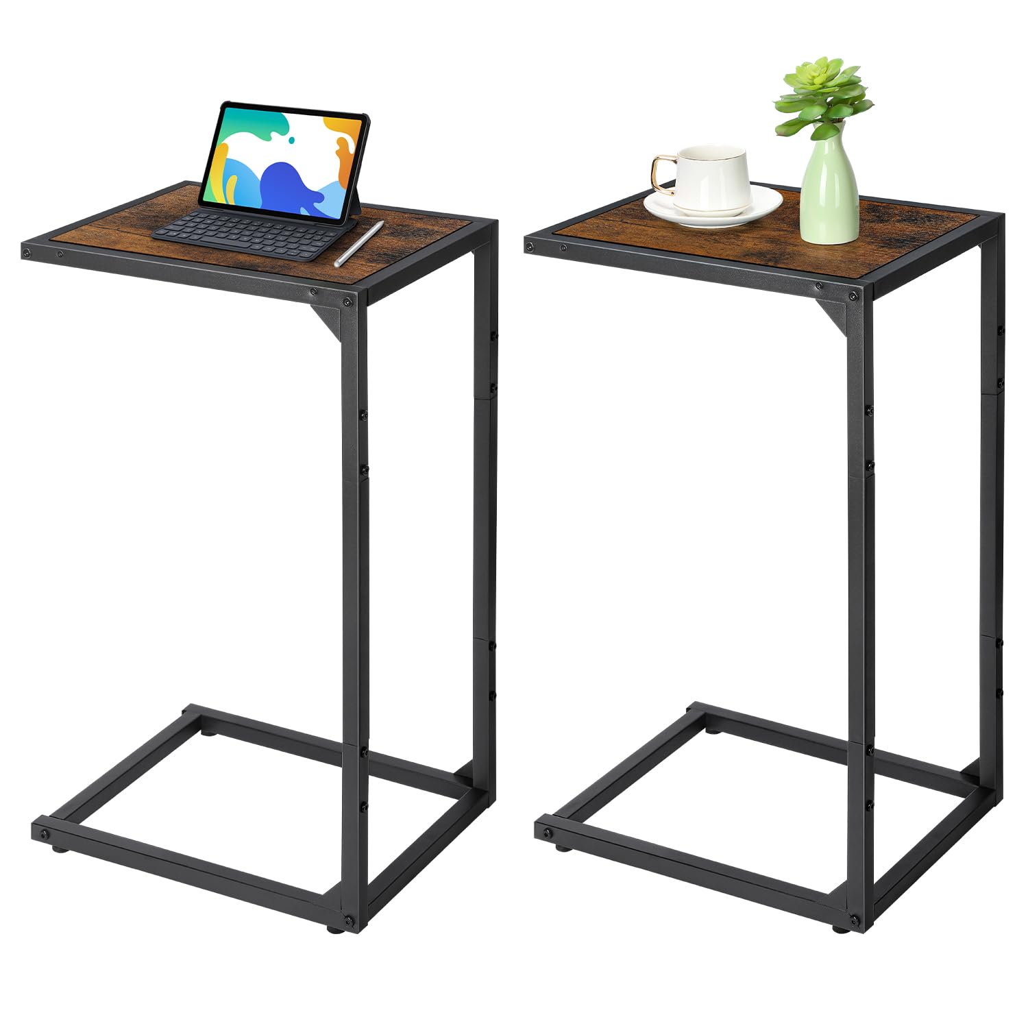 MOOACE C Shaped End Table for Couch Set of 2, Side Tables for Sofa for Living Room Bedroom, Couch Tables That Slide Under, Tv Trays Drink Tables for Small Spaces, Large Desktop C Table, Retro Brown