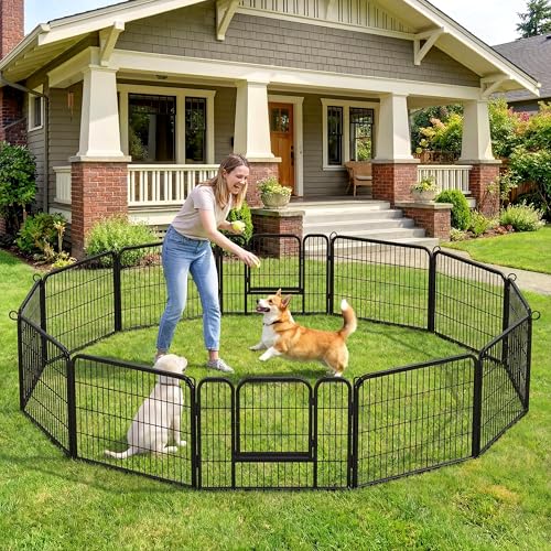 Image of Yaheetech 24 inch H 6-Panel Extra Wide Dog Playpen w /Door for Indoor Outdoor | Heavy Duty Metal Frame, Secure Latch Gate, Tool-Free Assembly, Portable For Yard RV Camping, Ideal For Small & Medium Pets