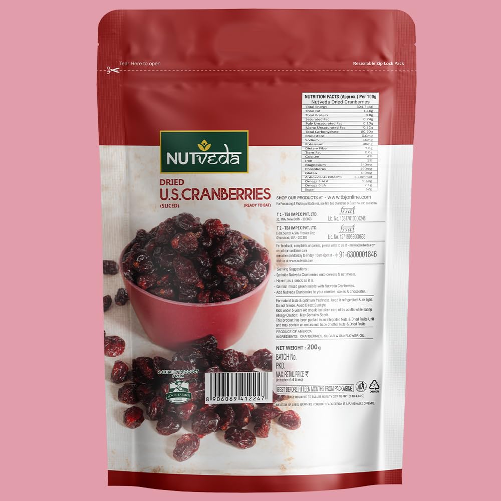 NUTVEDA Dried U.S. Cranberry (Sliced) 200g - Ready To Eat | Improves Eyesight | Rich in Dietary Fiber, Antioxidants, Vitamins & Minerals. - Image 3 thumbnail
