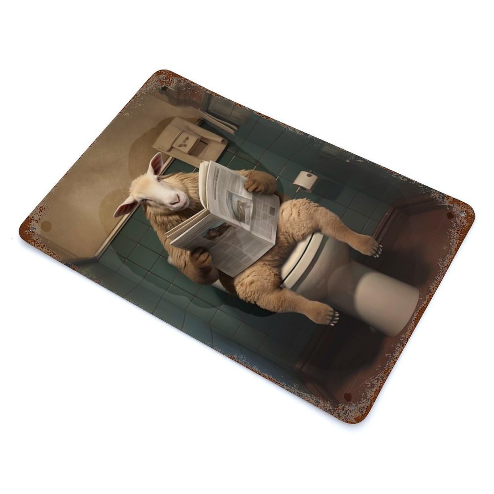 Aged Metal Wall Plaque with Sheep on Toilet Newspaper Design 11.8"x7.9", for Garage, Bar And Workshop Decor, Rustic Home Decor