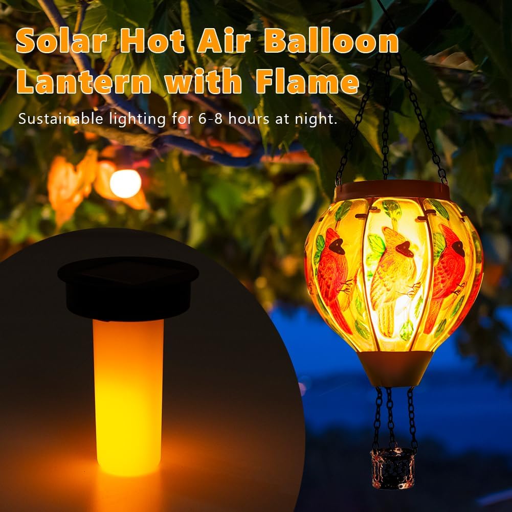 2 PCS Cardinal Hot Air Balloon Solar Lantern with Flickering Flame Light,Glass Hanging Solar Lights Outdoor Waterproof for Patio Yard Party Gift Decor