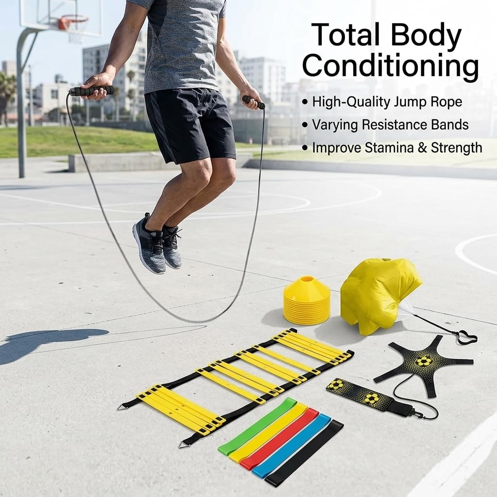 Set Completo Agilità Calcio, Attrezzatura Allenamento Velocità con Cinesini, Coni, Paracadute e Borsa Trasporto
