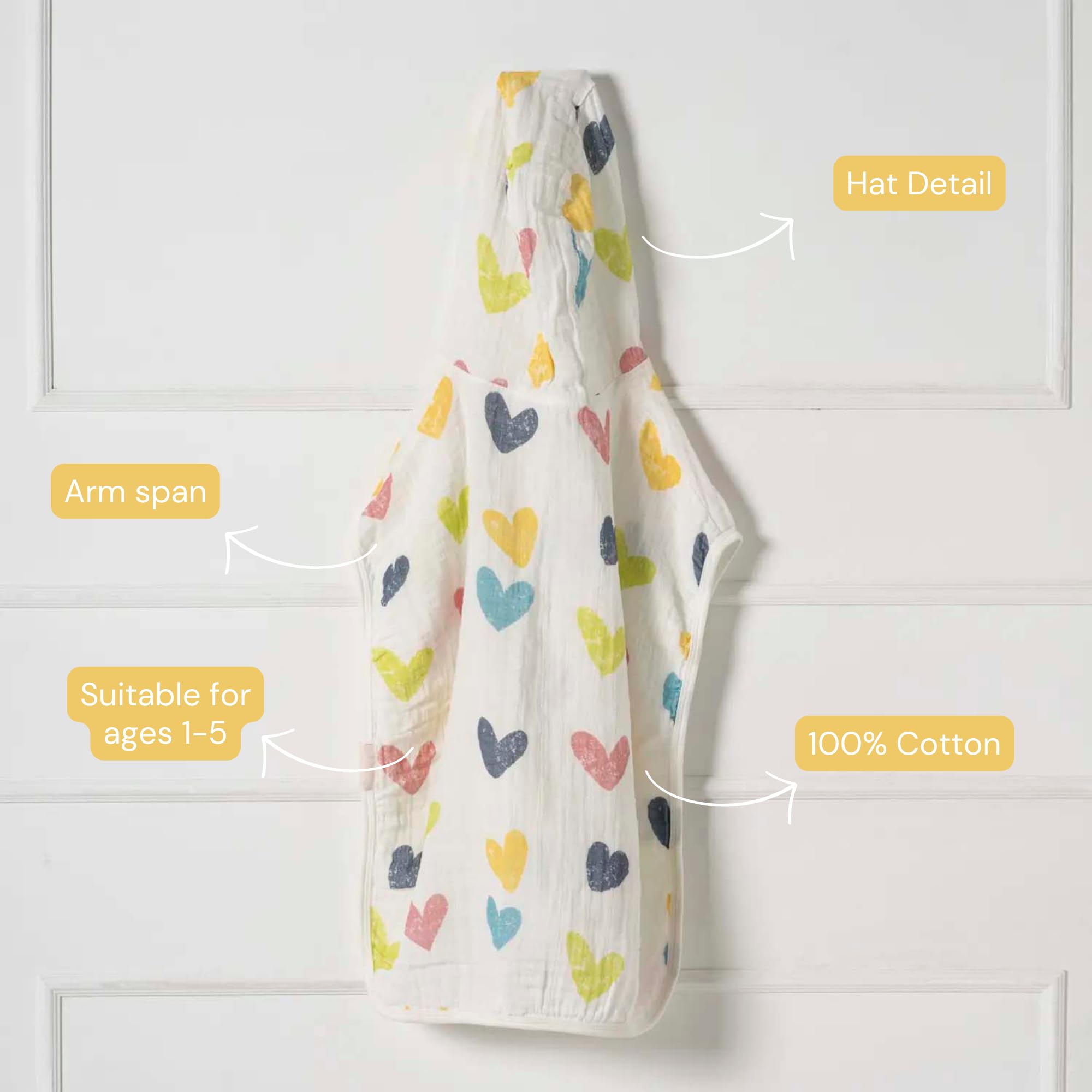 BEBELOP 100% cotton Organic Muslin Poncho,Fast-Drying Bath Towel with Hood 1-5 Years Lightweight and Breathable absorbent 2 Layer OEKO-TEX (Colorful heart) - Image 2