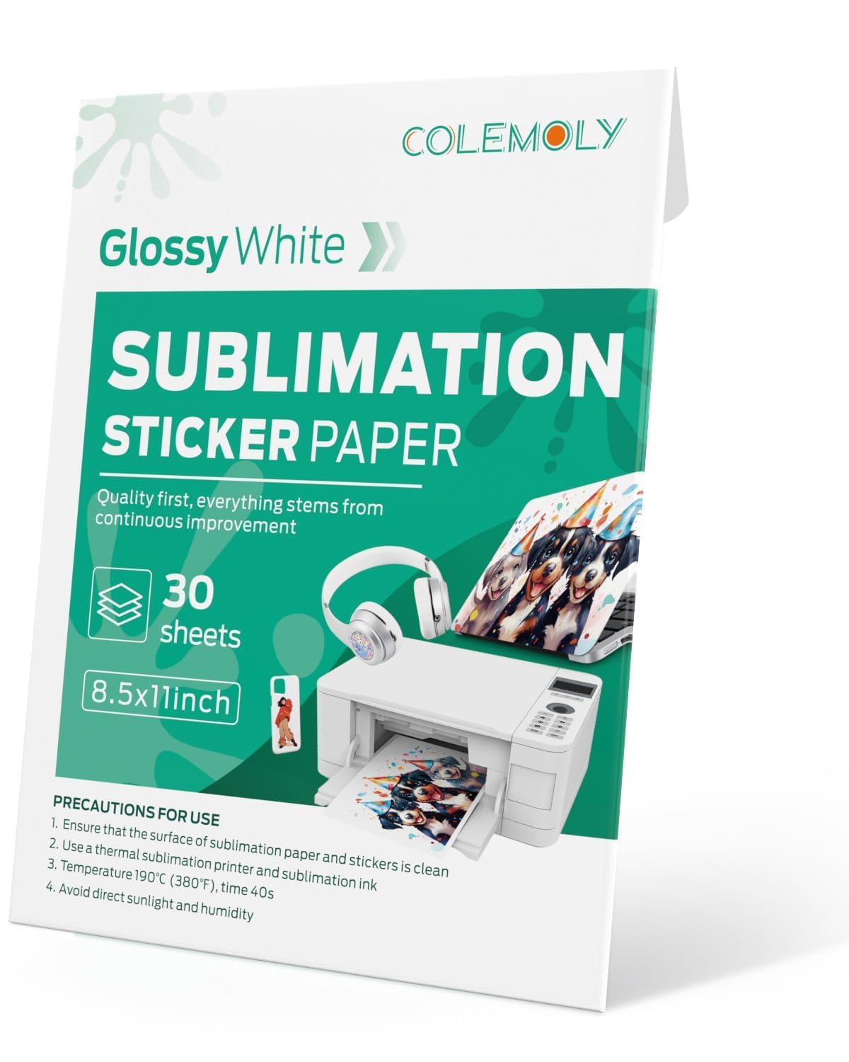 Colemoly Papel adhesivo de sublimación, 30 hojas de calcomanías blancas brillantes impermeables para impresora de inyección de tinta de 8.5 x 11 pulgadas con tinta de sublimación