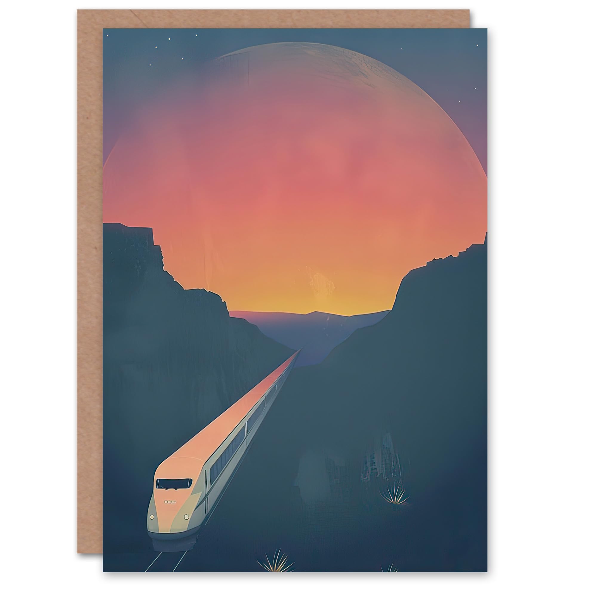 Artery8 Greeting Card - Retro Futurism Sci Fi Planet Train Travel Design - Blue