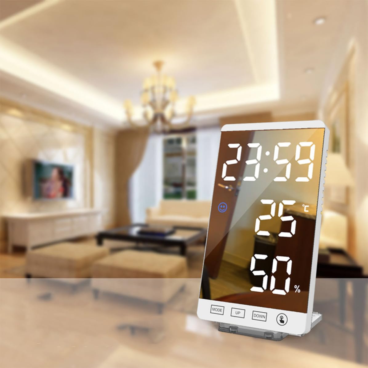 Toddmomy Orologio Digitale LED Bianco con Specchio e Display Ore | Ricarica Usb, Termometro e Igrometro Integrati, Plastica e Acrilico, Stile Semplice per Ogni Ambiente