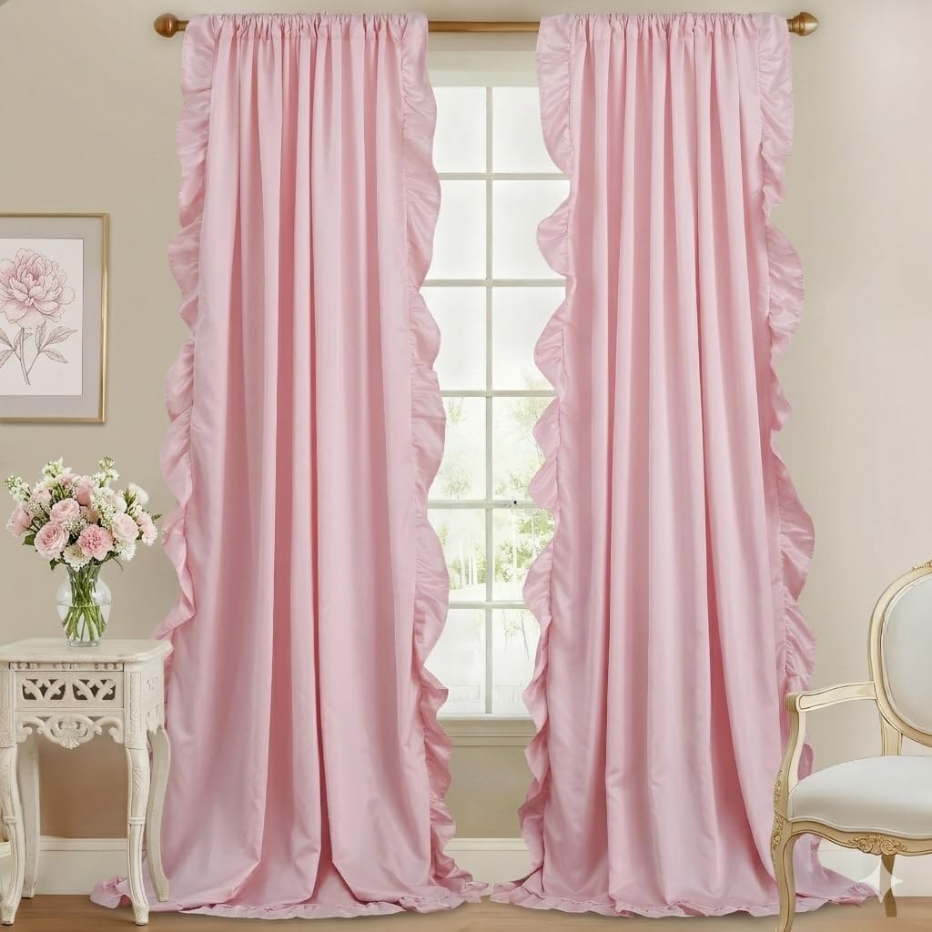 StangH Kids Curtains for Bedroom, French Romantic Style Ruffled Blush Curtains Soft Smooth Faux Silk Window Curtain Drapes for Girls/Nursery Decor/Dressing Room, Blush Pink, W52 x L95, 2 Panels