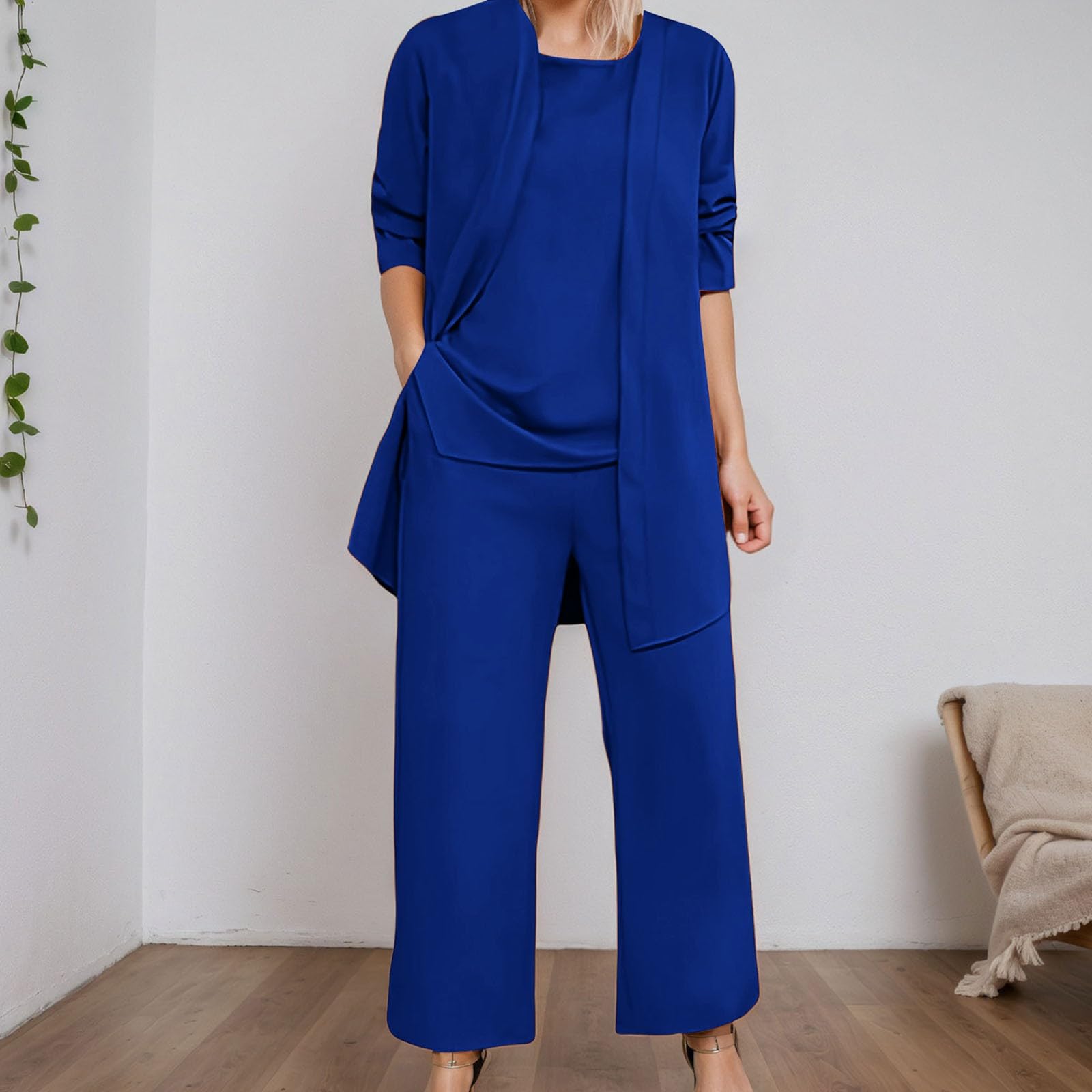 Traje de pantalón para mujer, verano, 3 piezas, gasa, festivo, elegante, de encaje, juego de vestido de boda, oficina, negocios, traje de tres piezas, traje de ocio, elegante, ropa de trabajo