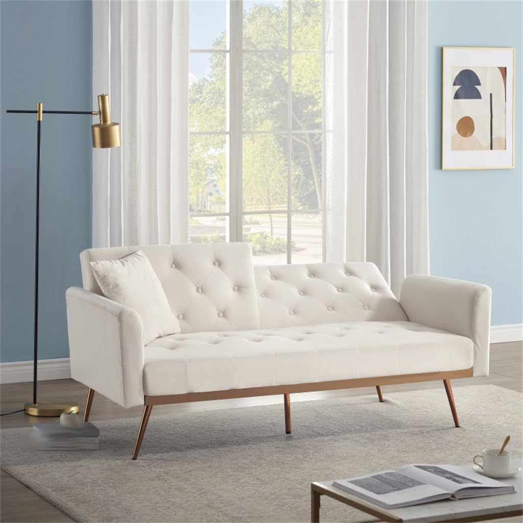 68.3" Beige Velvet Nail Sofa Bed with Throw Pillow and Midfoot for Indoor Living Room Furniture