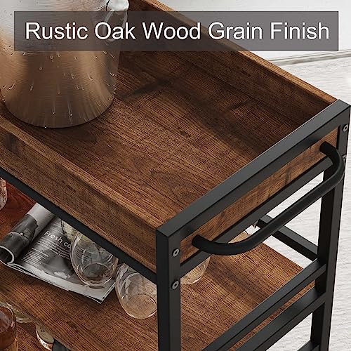 Image of BON AUGURE Bar Cart for The Home, Rolling Home Bar Serving Cart on Wheels, 3 Tier Liquor Beverage Carts with Wine Rack and Glass Holder (Rustic Oak)