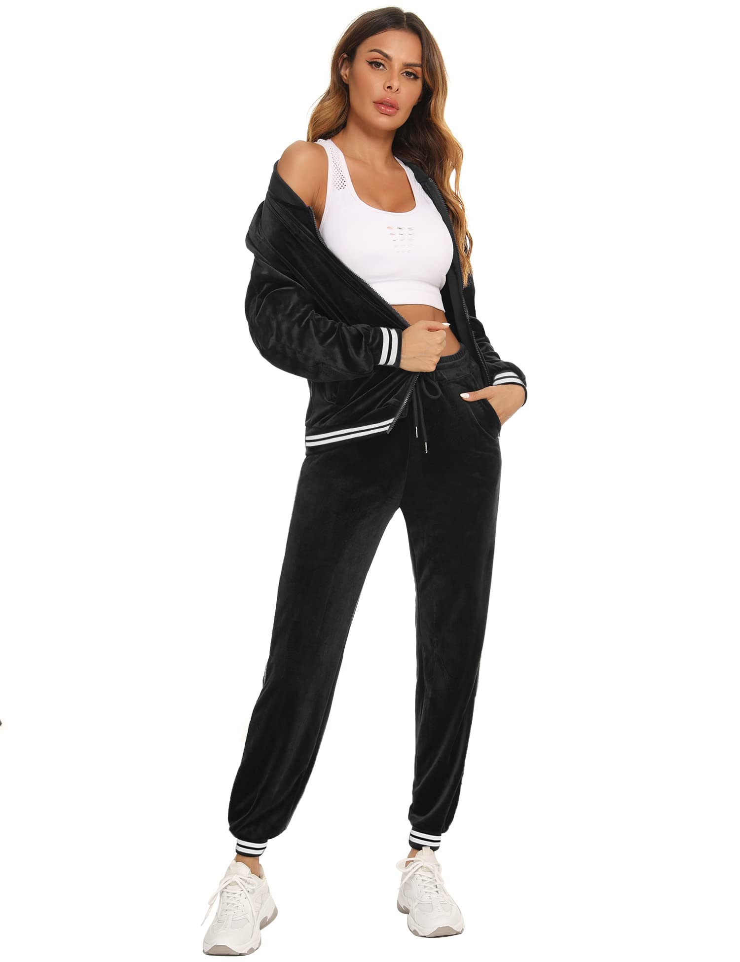 Survêtement Ensemble Velours Femme à Capuche Zippés Sportswear en Velours Sweat à Manche Longue Pantalon pour Jogging Tennis Gym Yoga Vêtements de Fitness