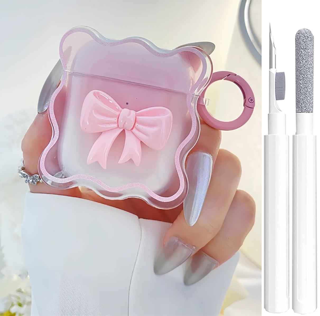 Cute AirPods 2/1 Generation Clear Case, Girly 3D Bow Design Soft TPU Protective Shockproof Kawaii Apple iPod 2nd/1st Generation Cover with Cleaner Kit & Keychain Girls Women - Pink Bow